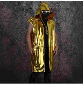 Gold PU  leather jazz dance hooded stage jacket for men youth sleeveless long coat hip-hop rapper singer gogo dancer bars dj ds dancing long vest